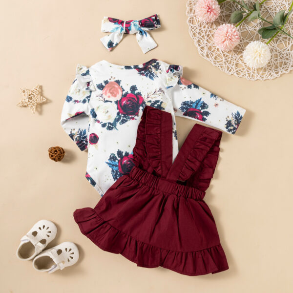 Printed Long-sleeved Baby Girl Romper Two-color Strap Ruffled Dress Headdress Three Pieces - Image 5