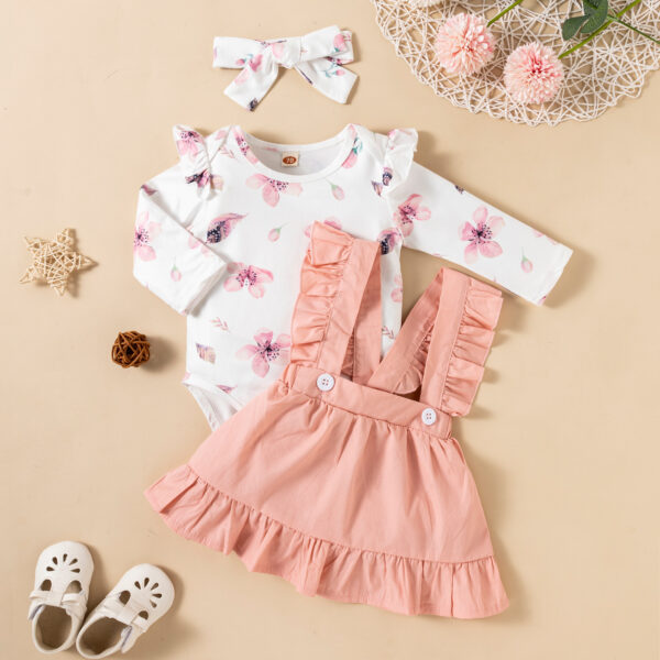 Printed Long-sleeved Baby Girl Romper Two-color Strap Ruffled Dress Headdress Three Pieces - Image 9