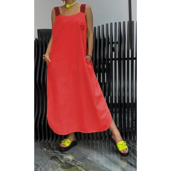 Casual Cotton And Linen Pocket Striped Shoulder Strap Skirt - Image 5